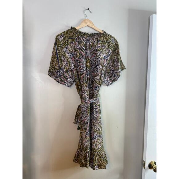 NWT Figue Cleo Silk Ruffle Neck Belted Mini Dress Medallion Multi Spruce Large - Picture 7 of 8
